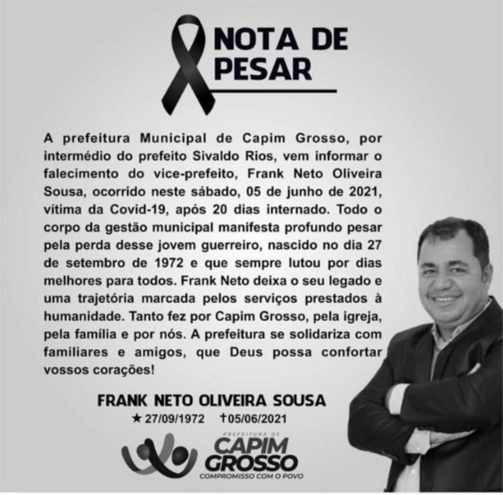 Morre vice-prefeito de Capim Grosso  — Foto: Reprodução/Redes sociais 