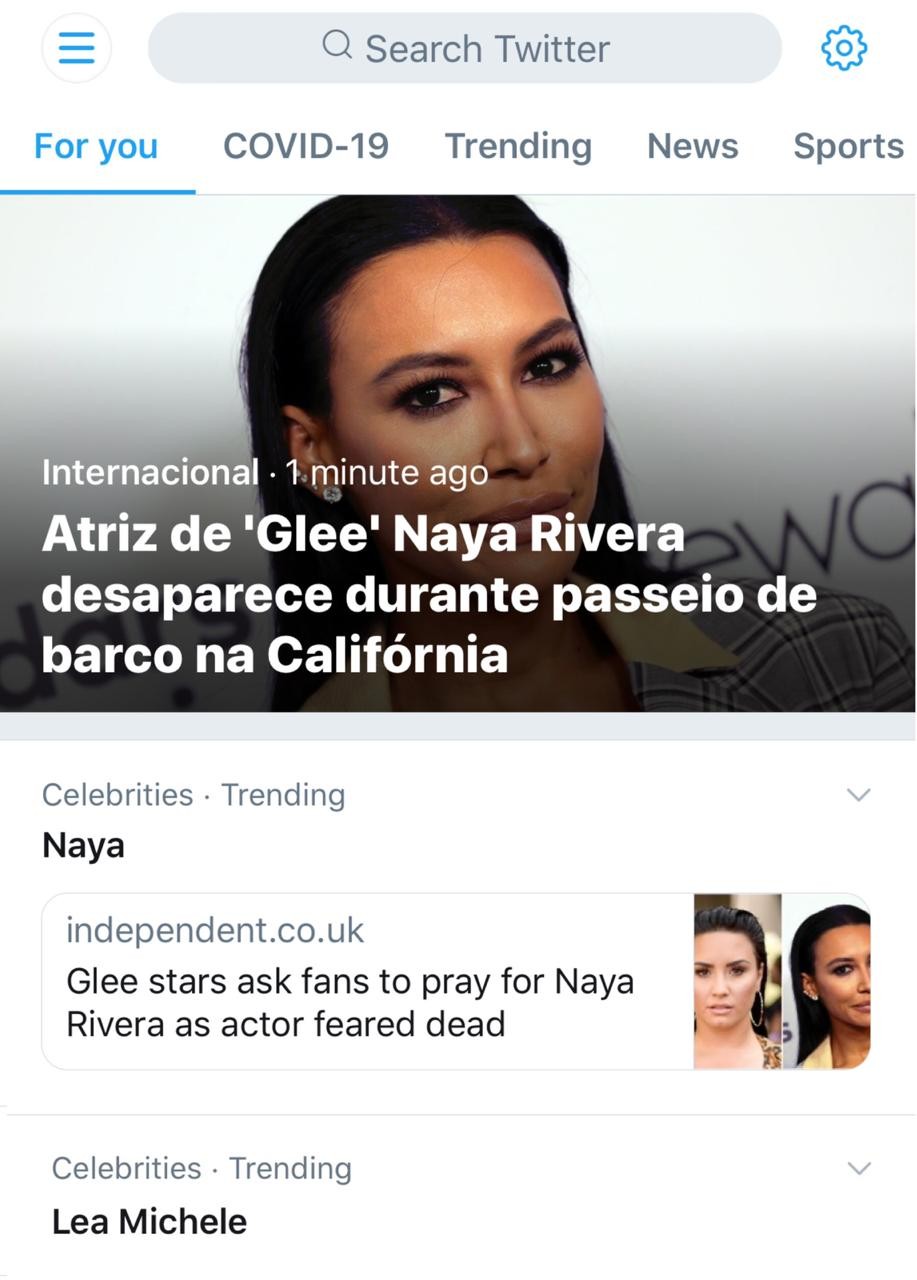 Nome de Lea Michele vai para os trend topics após desaparecimento de Naya Rivera (Foto: Reprodução/Twitter)