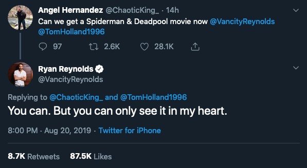 A resposta de Ryan Reynolds a um fã que pediu por um filme do Homem-Aranha com Deadpool (Foto: Twitter)