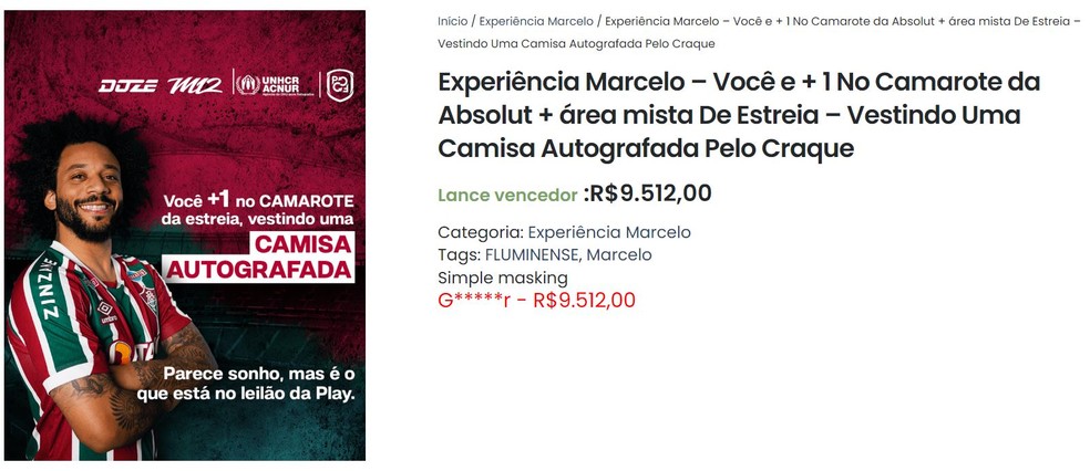 Leilão para estreia de Marcelo no Fluminense arrecada R$ 9,5 mil — Foto: Reprodução