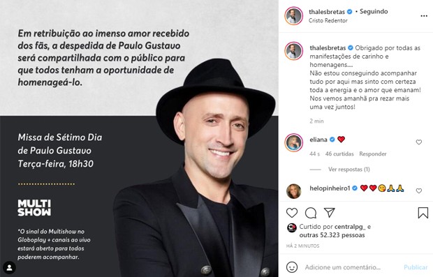 Thales Bretas posta sobre missa de sétimo dia de Paulo Gustavo e agradece fãs (Foto: Reprodução/Instagram)