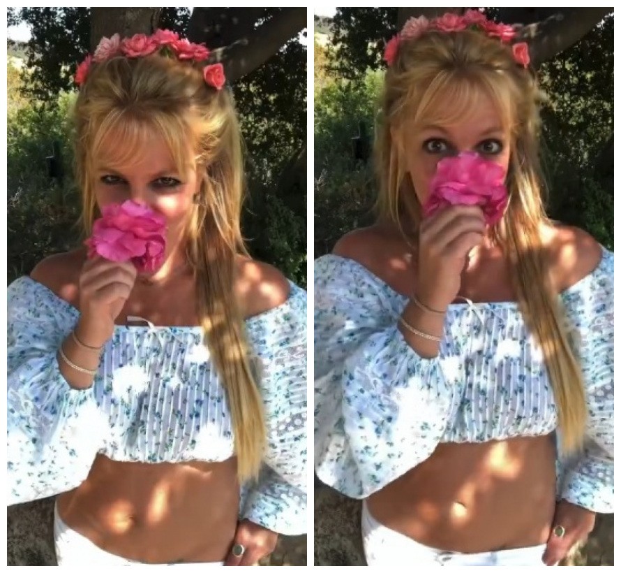 A cantora Britney Spears no vídeo enigmático em que aparece cheirando uma rosa (Foto: Instagram)
