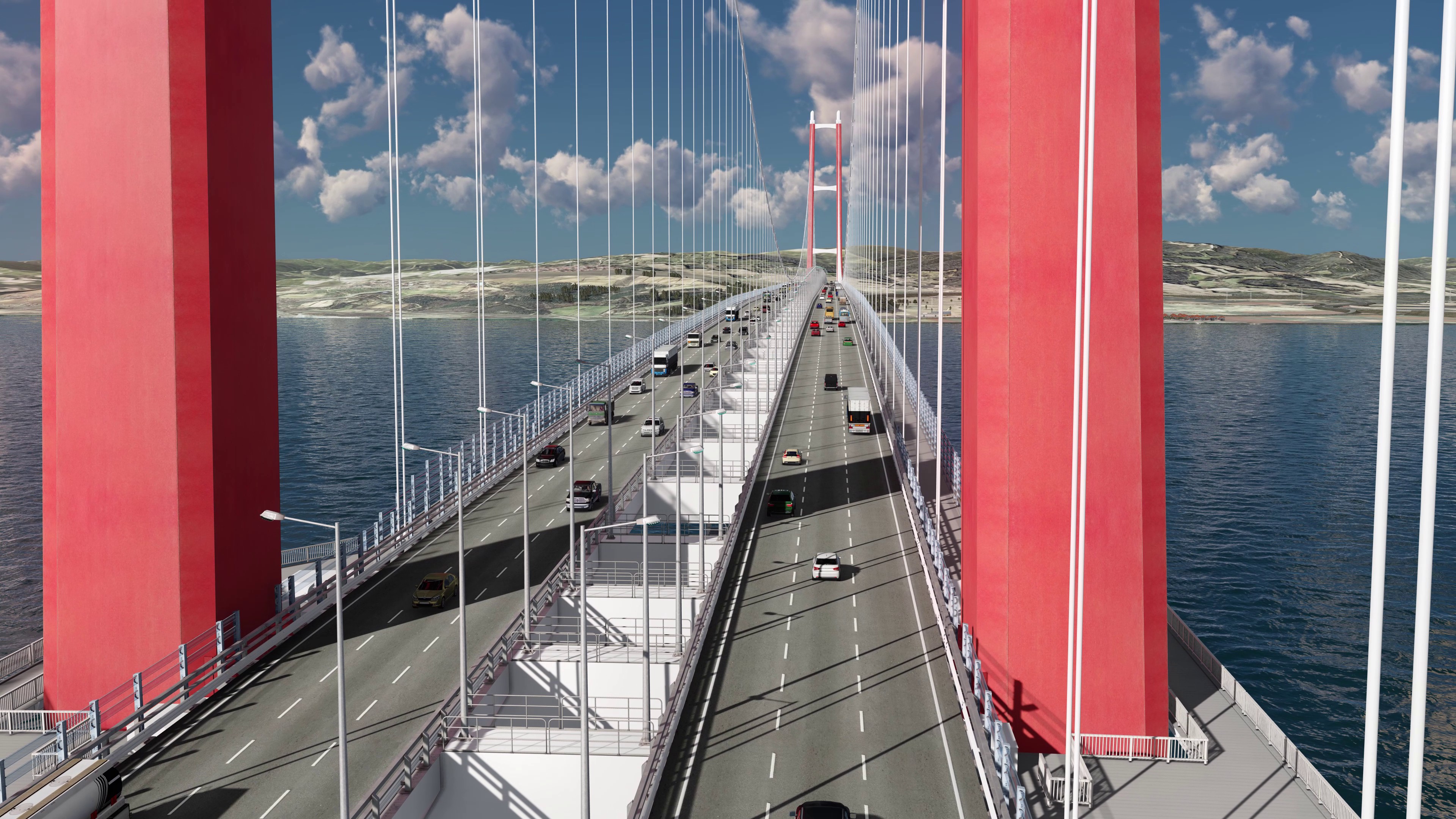 Projeção em 3D da parte interna da ponte, por onde é esperada a passagem de até 45 mil carros por dia  (Foto: 1915canakkale.com / Reprodução)