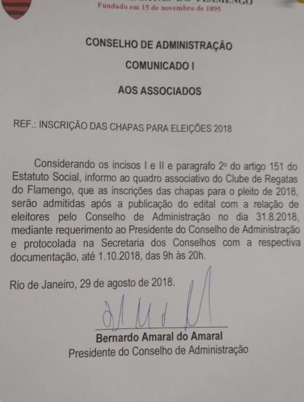 Confira documento assinado pelo presidente do Conselho de AdministraÃ§Ã£o (Foto: ReproduÃ§Ã£o)