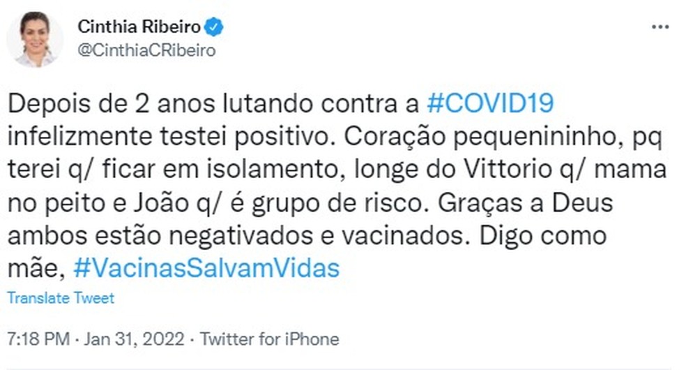 Cinthia Ribeiro comentou o diagnóstico da Covid-19 nas redes sociais — Foto: Reprodução/Twitter