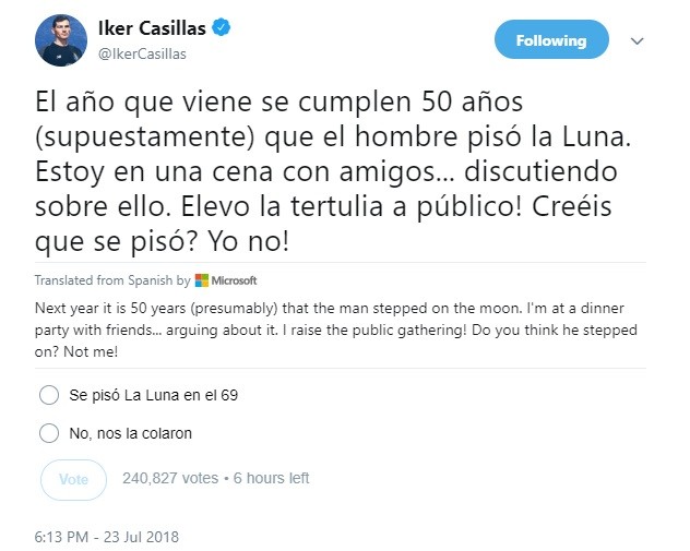 Casillas e o negacionismo do pouso na lua (Foto: reprodução/twitter)