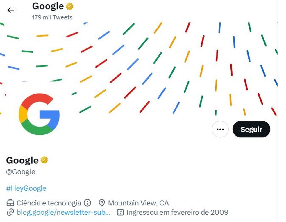 Conta do Google no Twitter: selo dourado de verificação para empresas é dourado — Foto: Reprodução