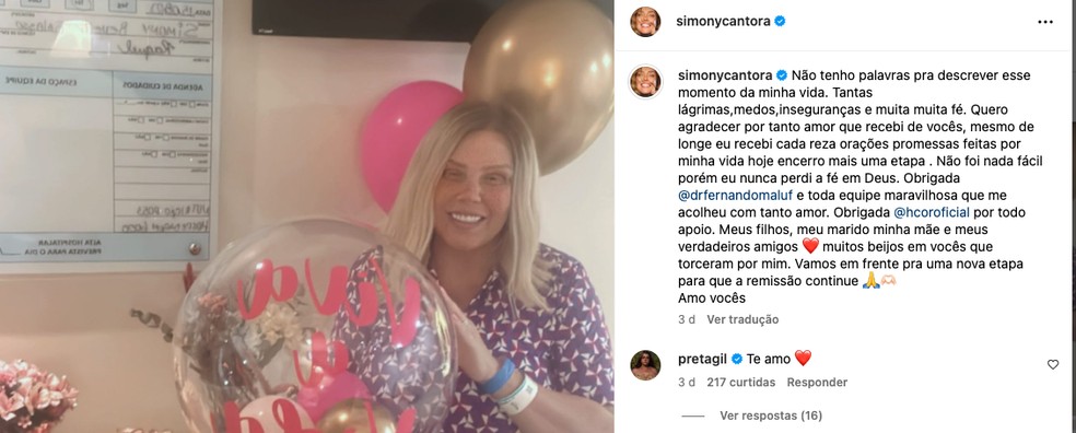 Simony quando acabou a quimioterapia — Foto: Reprodução