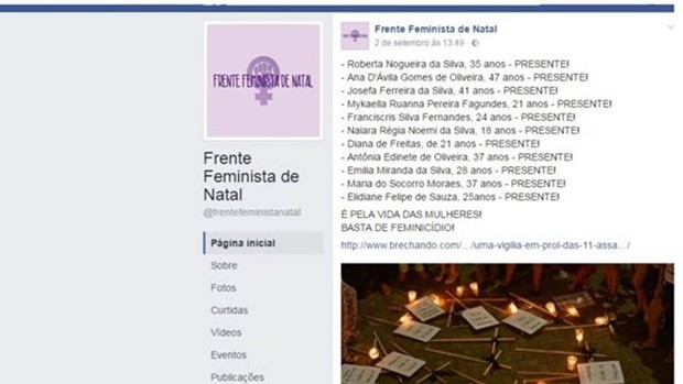 Página da Rede Feminista de Natalx no Facebook lista vítimas de feminicídio: foram ao menos 11 em agosto (Foto: Reprodução)