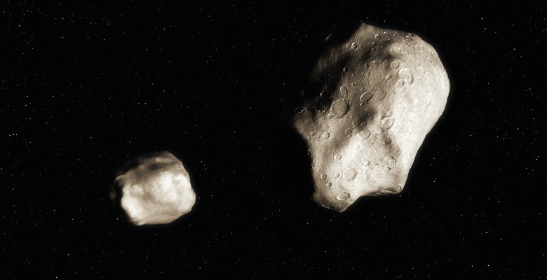 Representação artísticas de par de asteroides após separação deles (Foto: SETI Institute/UC Berkeley )