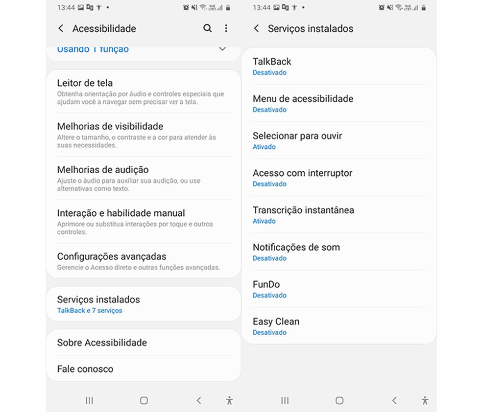 Toque em "Serviços instalados" e, depois, em "TalkBack" para acessar à função — Foto: Reprodução/Marcela Franco