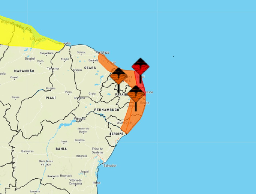 Inmet publica alerta de chuvas intensas principalmente no litoral do RN — Foto: Reprodução/Inmet