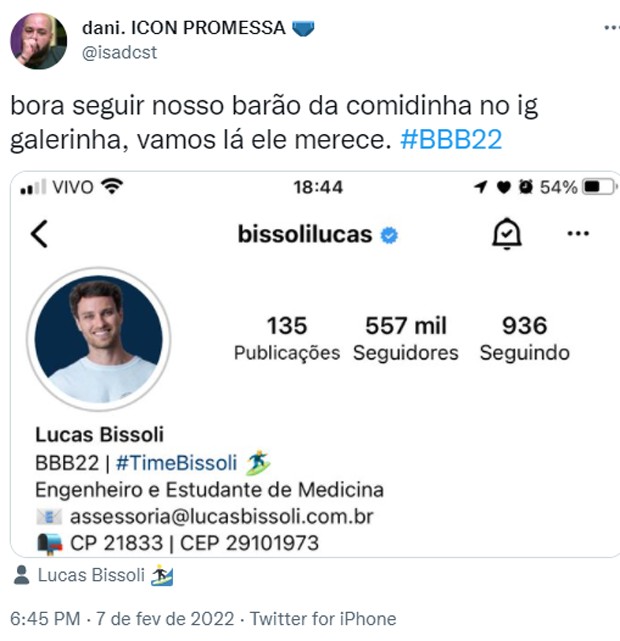 Lucas Bissoli ganha apelido por comilança no VIP do BBB22 (Foto: Reprodução/Instagram)