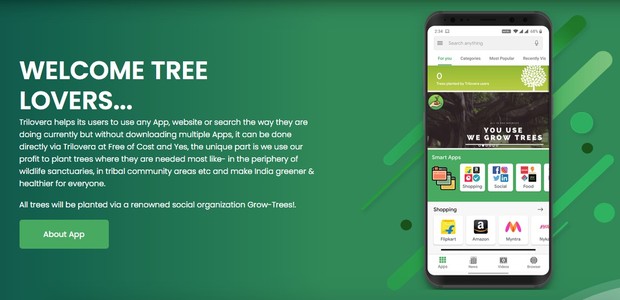 O Trilovera é um super app; que reúne outras funcionalidades e doa os lucros para o reflorestamento da Índia (Foto: Reprodução/Trilovera)