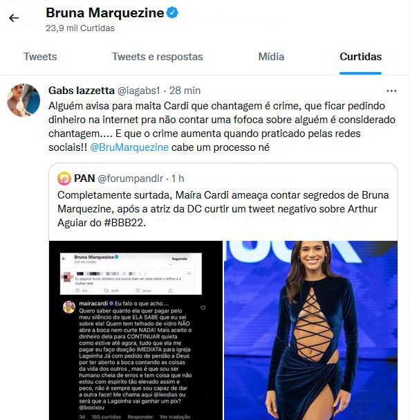 Bruna Marquezine reage às ameaças de Maíra Cardi (Foto: Reprodução / Twitter)