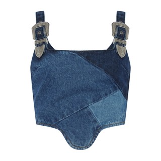 Regata cropped corset jeans patchwork alça larga com fivela decote reto BFF azul escuro, R$ 139,99