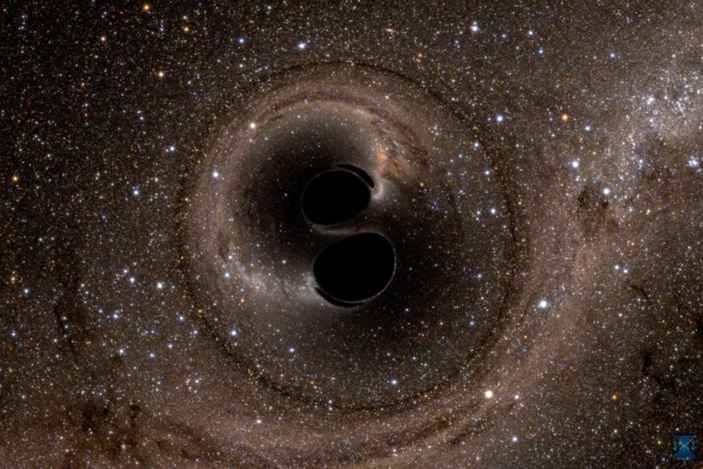 Cientistas do MIT nos Estados Unidos comprovaram um dos teoremas mais importantes sobre buracos negros, a de que seu horizonte de eventos nunca deve diminuir, observando uma onda gravitacional resultado da colisão de dois buracos negros — Foto: Ligo