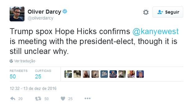 Pelo Twitter, Oliver Darcy confirma a reunião misteriosa de Kanye West com Donald Trump (Foto: Reprodução)