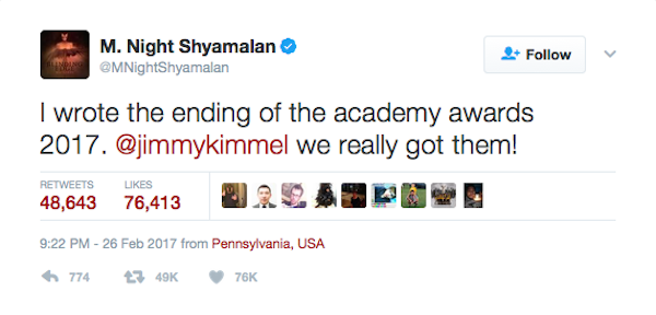 A piada do diretor M. Night Shyamalan com o final do Oscar 2017 (Foto: Twitter)
