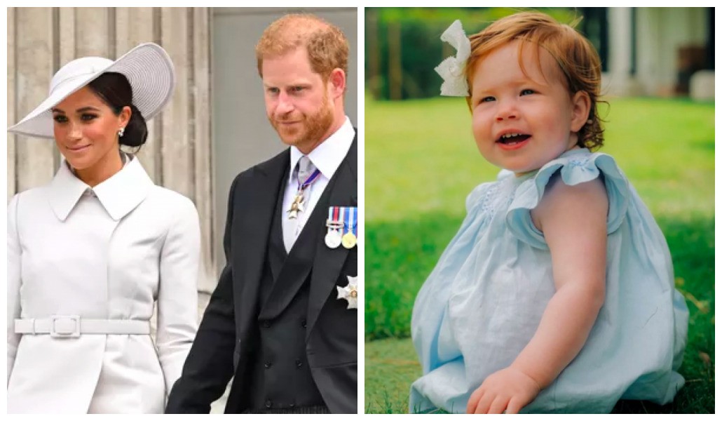 A atriz Meghan Markle e o Príncipe Harry na ida mais recente do casal ao Reino Unido e a caçula dos dois, Lilibet, em sua festa de um ano no Palácio de Windsor (Foto: Getty Images/Instagram)