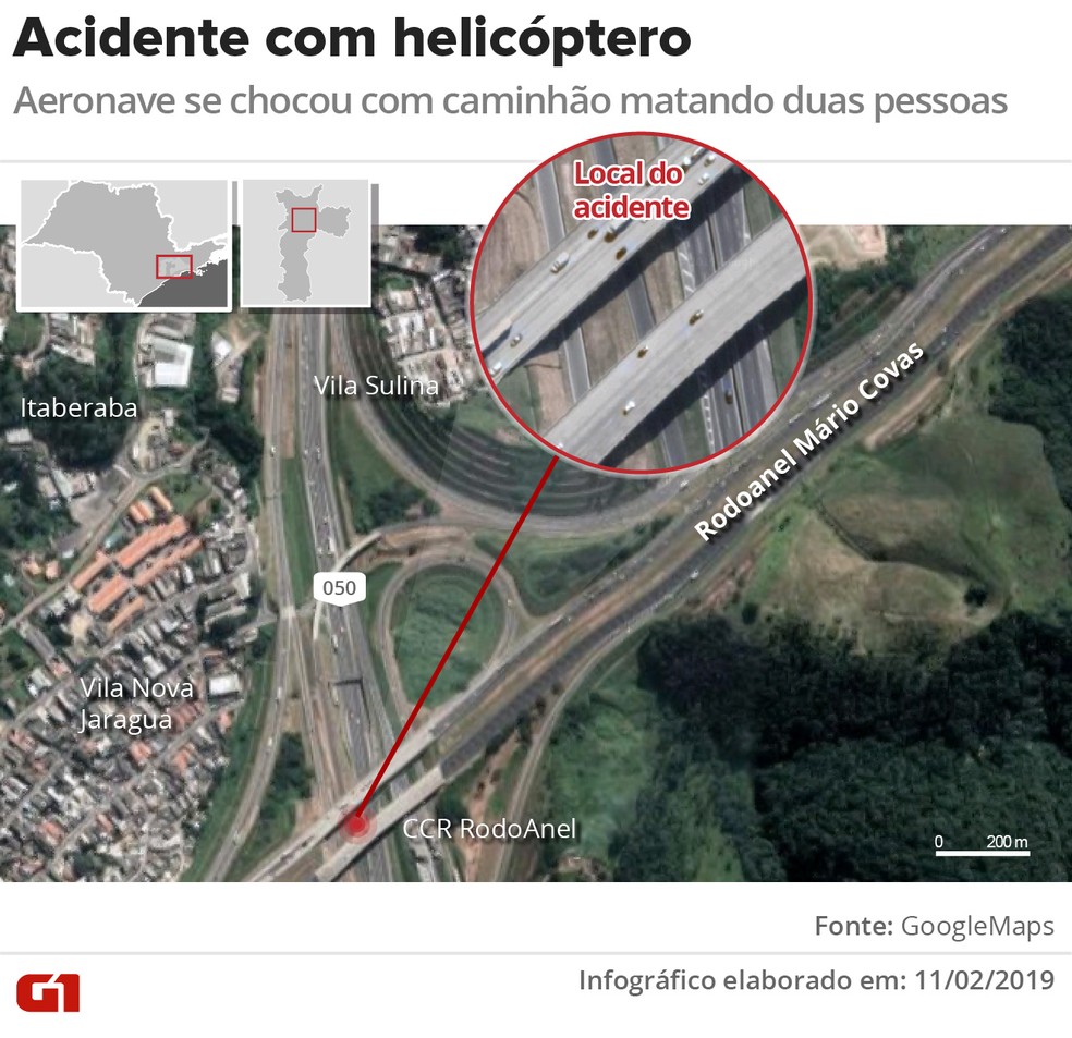 Mapa mostra local onde helicóptero caiu na Rodovia Anhanguera — Foto: Wagner Magalhães/G1