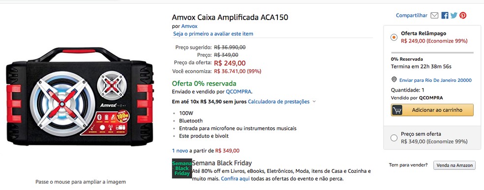 Caixa amplificada Amvox na Amazon — Foto: Reprodução/Isabela Cabral