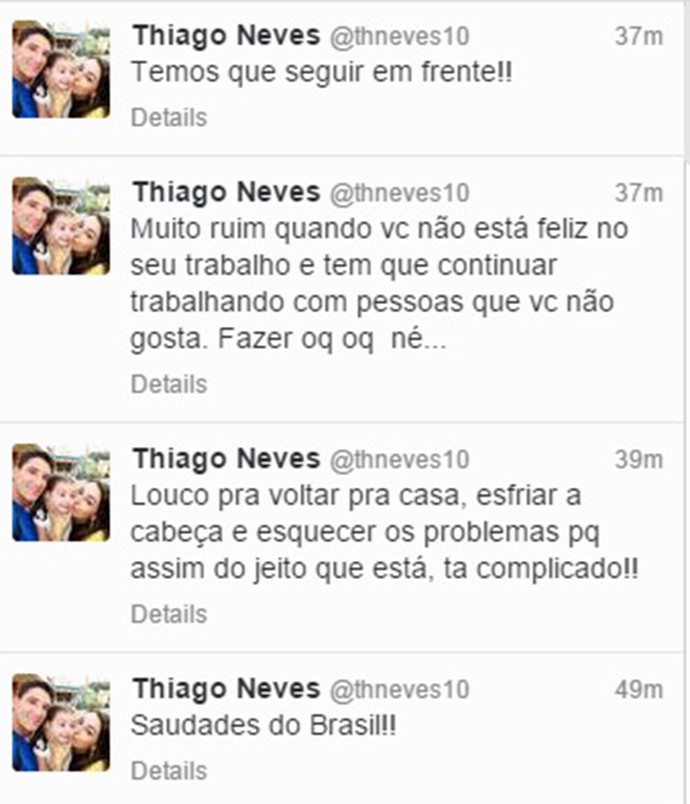 OFF-  Thiago Neves desabafa no Twitter, apaga e só deixa um post: Saudades do Brasil