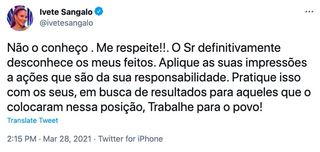 Secretário de saúde da Bahia critica Ivete Sangalo (Foto: Reprodução)