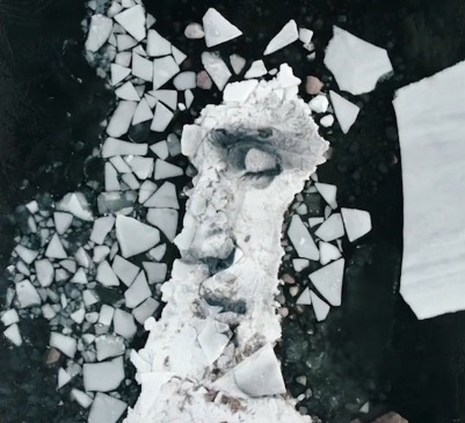 Retrato pintado em blocos de gelo flutuantes no Mar Báltico, na Finlândia