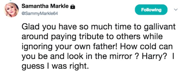Um dos tweets de Samantha Markle, a meia-irmã de Meghan Markle (Foto: Reprodução Twitter)