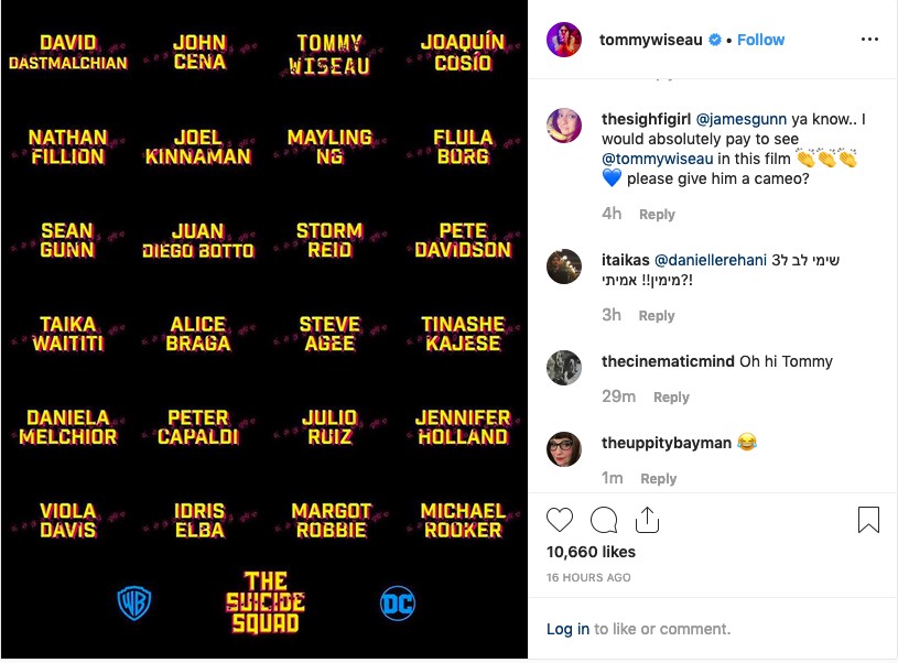 O post compartilhado por Tommy Wiseau mostrando o nome dele no cartaz do Esquadrão Suicida de James Gunn (Foto: Instagram)