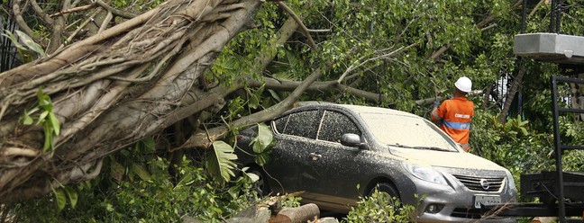 Vento forte derrubou árvore sobre carro em Copacabana — Foto: Fabiano Rocha / Agência O Globo
