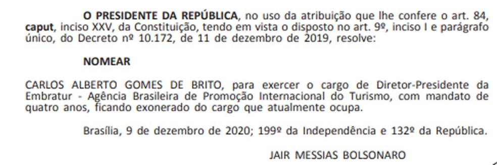 Para a vaga de Gilson Machado na Embratur foi nomeado Carlos Alberto Gomes de Brito. — Foto: Reprodução / Diário Oficial da União
