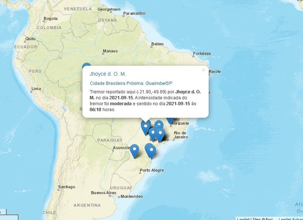 Moradora relatou tremor de terra de intensidade moderada em Guaimbê no site do Centro de Sismologia — Foto: Centro de Sismologia da USP/ Reprodução 