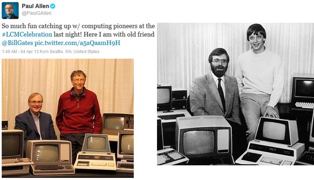 Fundadores da Microsoft Bill Gates e Paul Allen recriam clássica foto de 1981 (Foto: Reprodução/Twitter e Divulgação/Microsoft)
