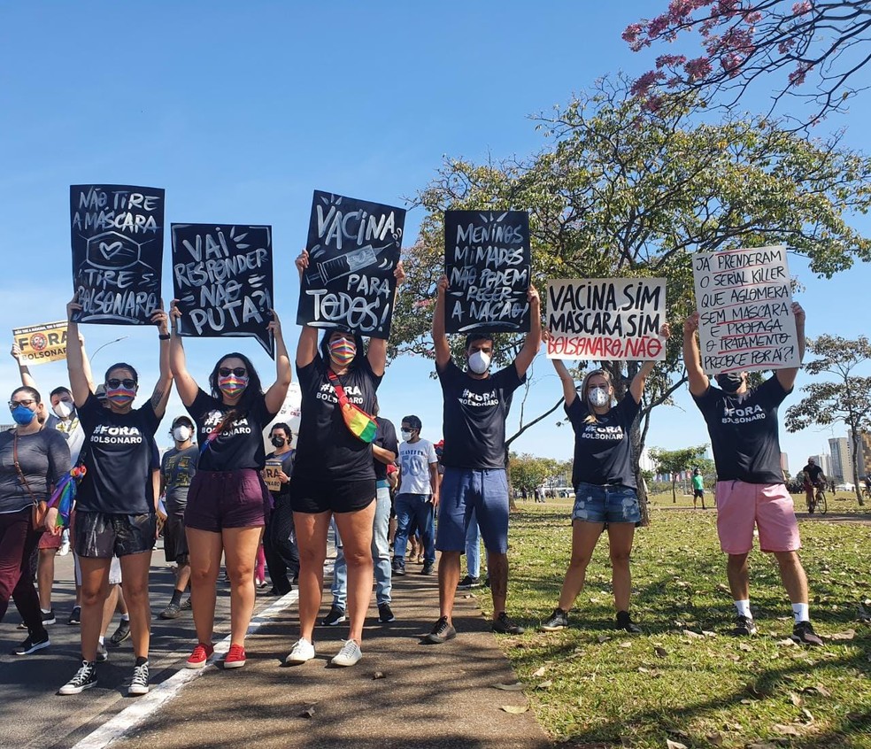 Grupo pede vacina e uso de máscara em protesto contra Bolsonaro, em Brasília, neste sábado (19) — Foto: Anna Reis/ TV Globo