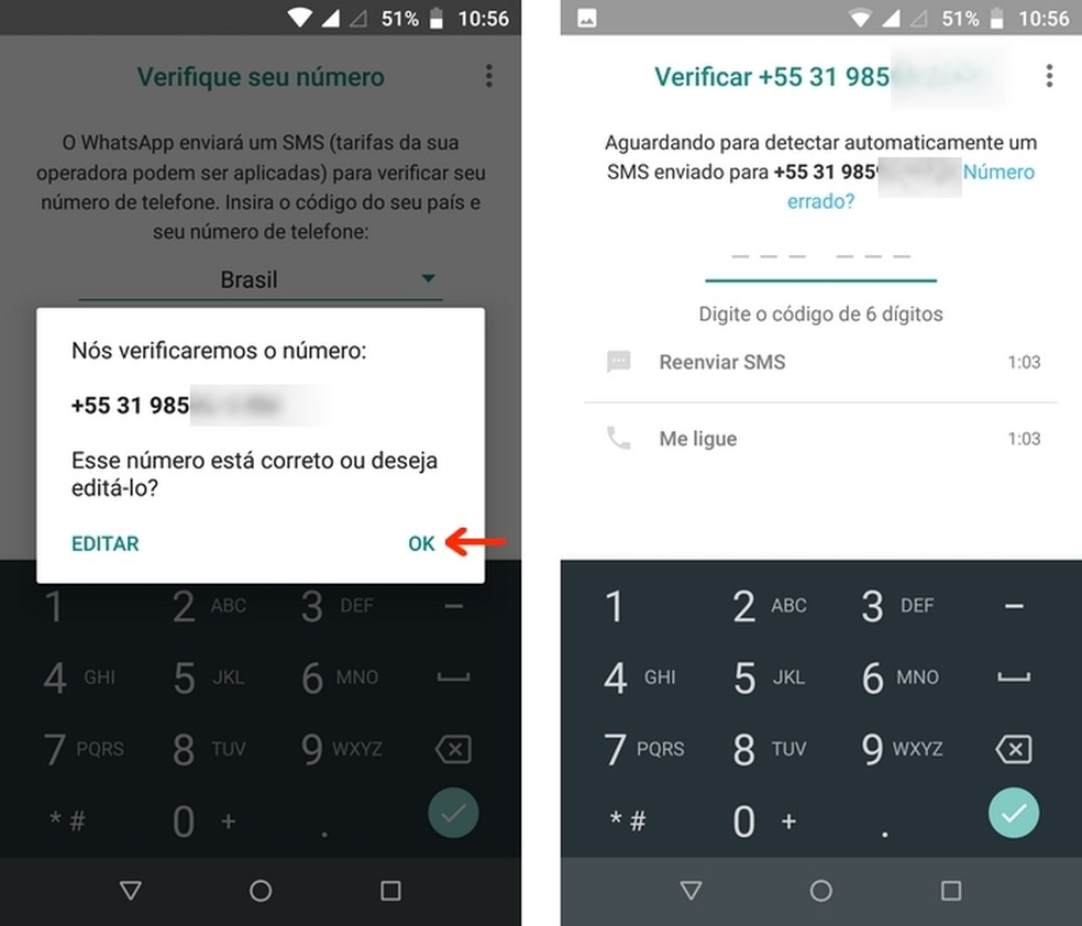 Confirme o envio do SMS com código para o WhatsApp — Foto: Reprodução/Raquel Freire