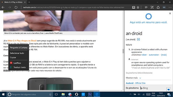 Cortana pode responder às perguntas do usuário no Microsoft Edge (Foto: Reprodução/Elson de Souza)