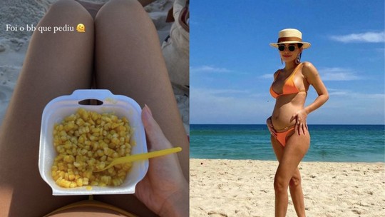 Grávida do primeiro filho, Carol Macedo mostra barriguinha em dia de praia