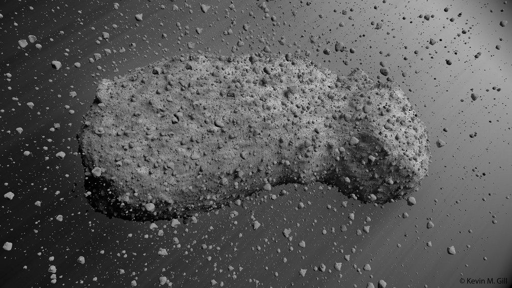Representação artística de um asteroide do tipo do Itokawa. — Foto: Kevin Gill