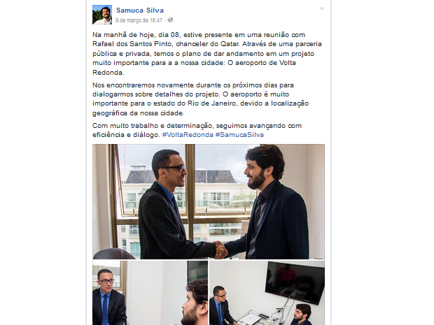 Reunião de Samuca Silva com suposto chanceler do Qatar aconteceu na última quarta-feira no Rio (Foto: Reprodução Facebook)
