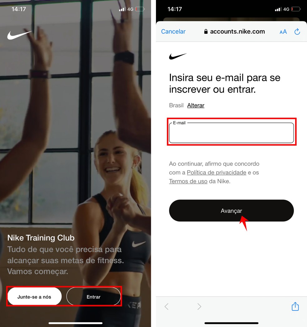 Nike Training Club: login no aplicativo é feito com e-mail — Foto: Reprodução/Rodrigo Fernandes