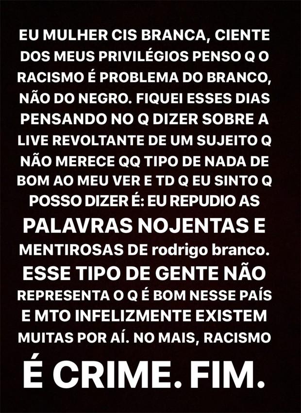 Cleo detona Rodrigo Branco em caso de racismo na web (Foto: Reprodução / Instagram)