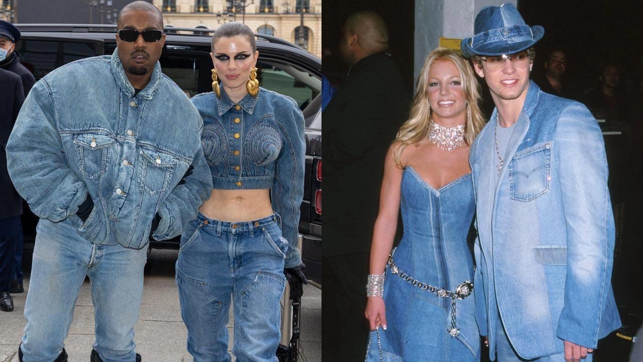 Kanye West (que agora se chama Ye) e Julia Fox vestem total jeans, tal como Britney Spears e Justin Timberlake em 2001 (Foto: Getty Images)