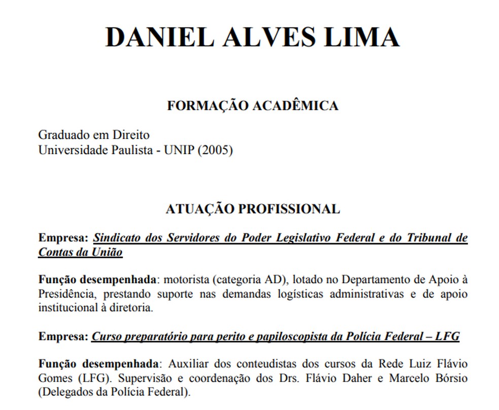 Trecho do currículo de Daniel Alves Lima — Foto: Reprodução