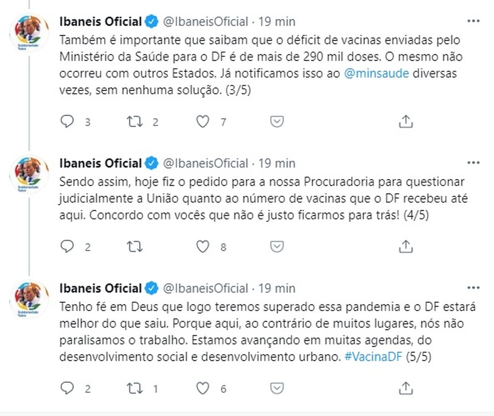 Governador do DF, Ibaneis Rocha, comenta em rede social sobre déficit de vacinas na capital federal. — Foto: Twitter/Reprodução 