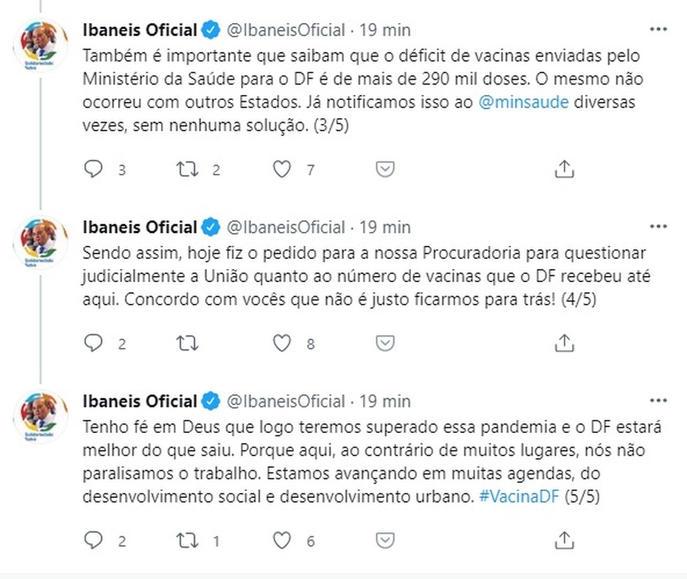 Governador do DF, Ibaneis Rocha, comenta em rede social sobre déficit de vacinas na capital federal.  — Foto: Twitter/Reprodução 