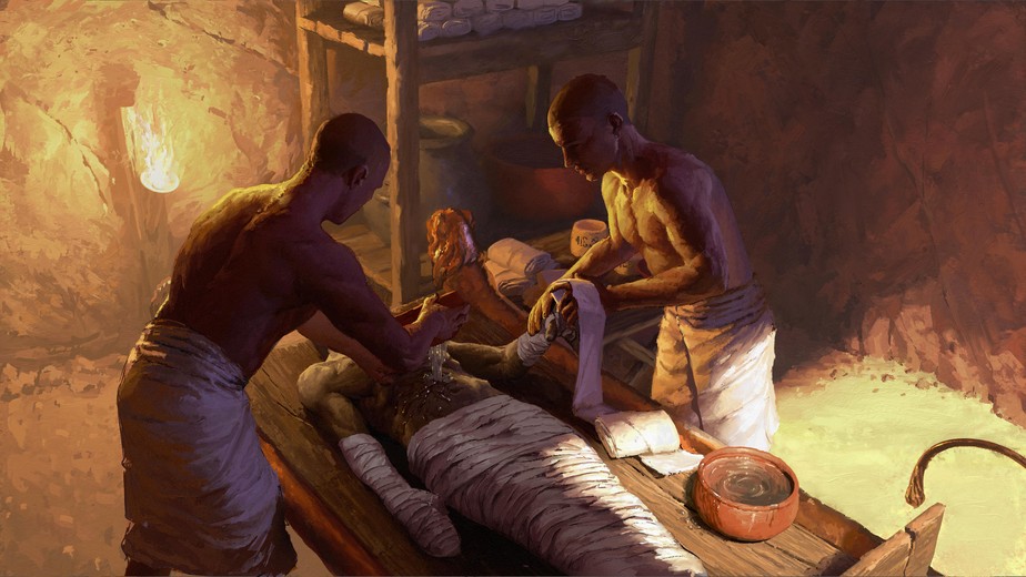 Ilustração retrata processo de embalsamamento em oficina de mumificação egípcia