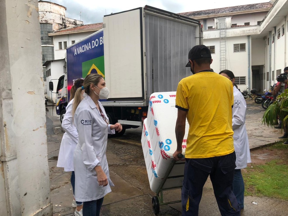 Mais de 4 mil doses da CoronaVac chegam a Botucatu para imunizar profissionais do Hospital das Clínicas — Foto: Fábio Linhares/TV TEM