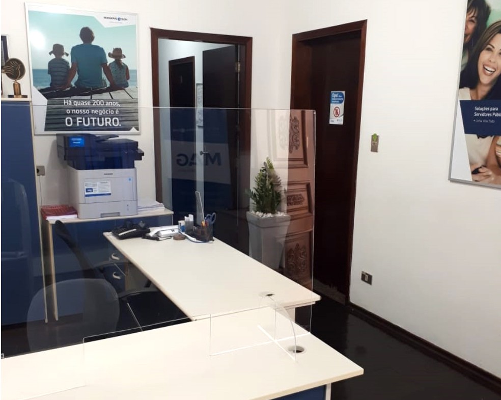 Além da sanitização, unidade de uma seguradora adotou outras medidas preventivas contra o coronavírus — Foto: Jéssica Cristina Fioravante/Cedida
